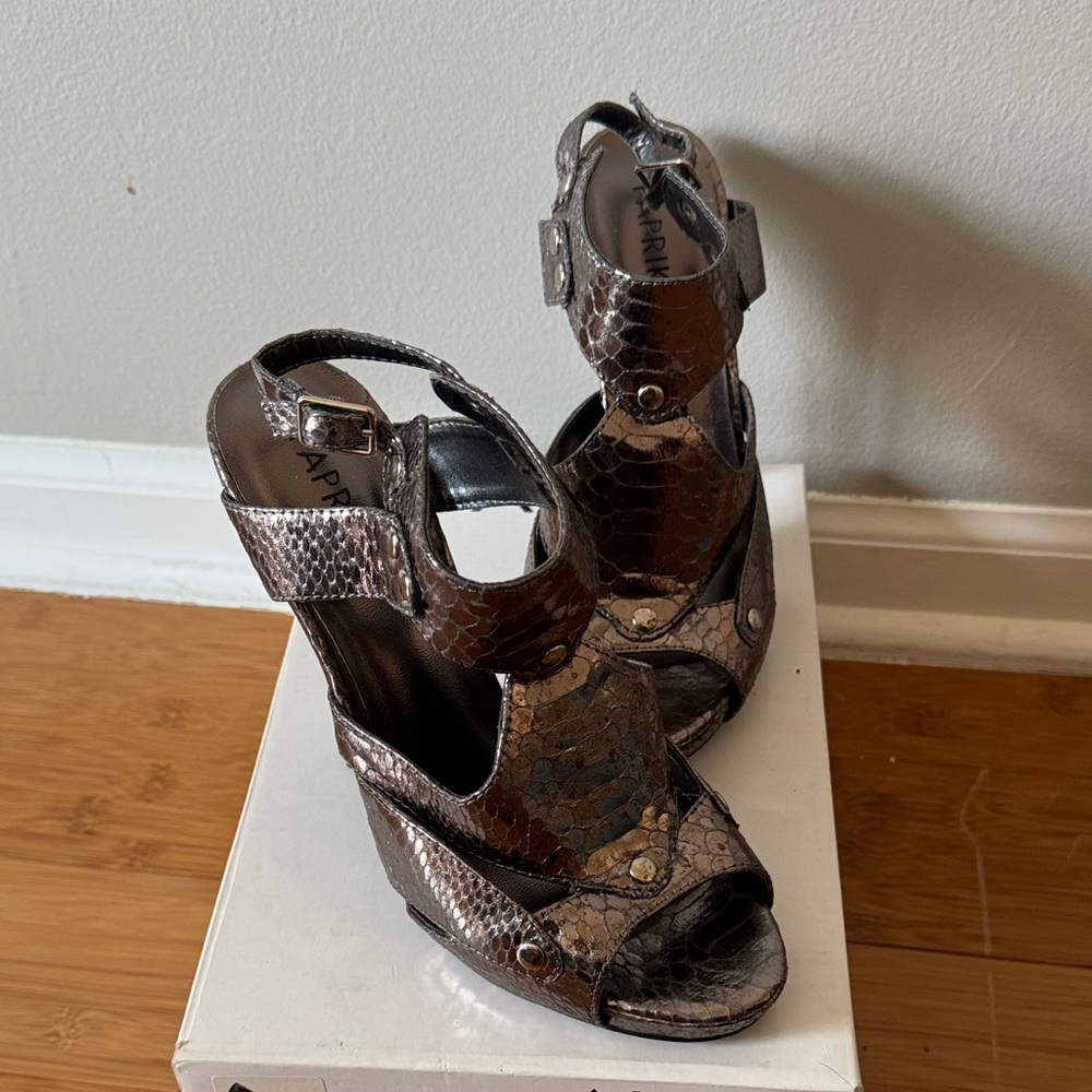 Paprika Metallic Snakeskin Wedge Sandals